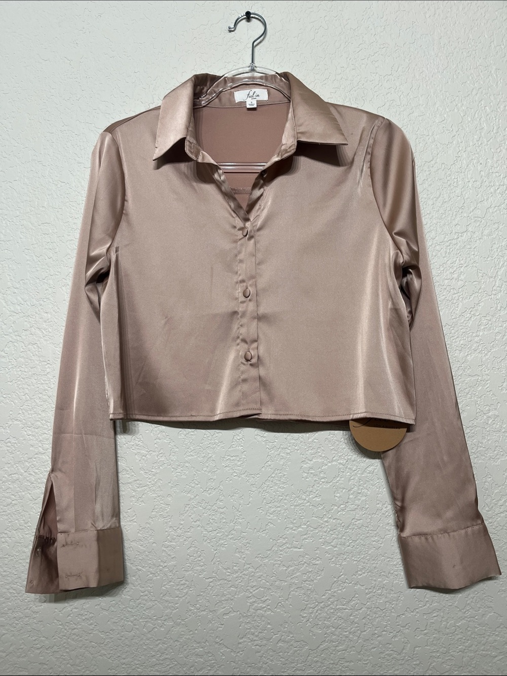 Women’s Small Satin Cropped Button-Down Shirt - Taupe Mauve